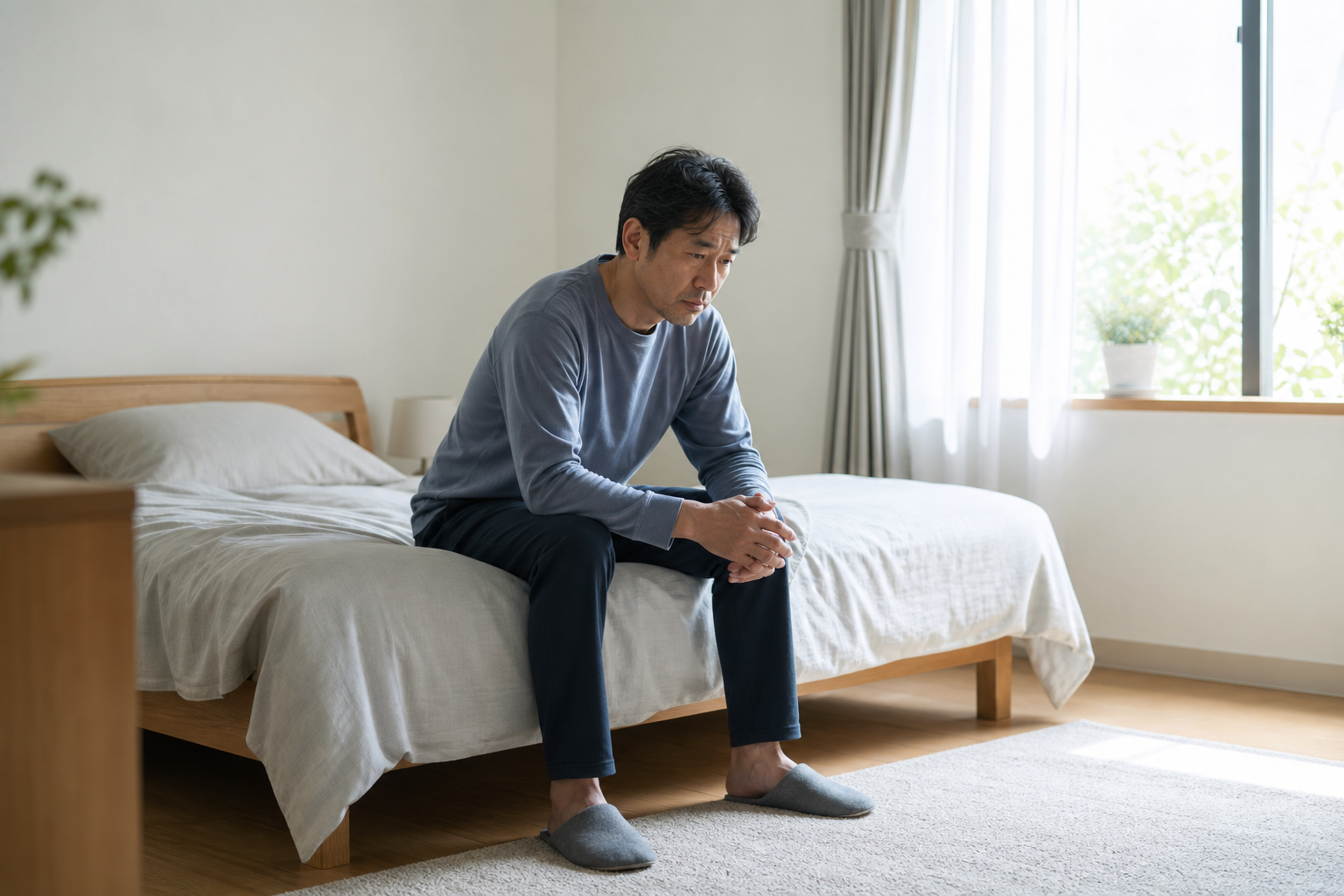 ベッド脇で思い悩む男性のイメージ